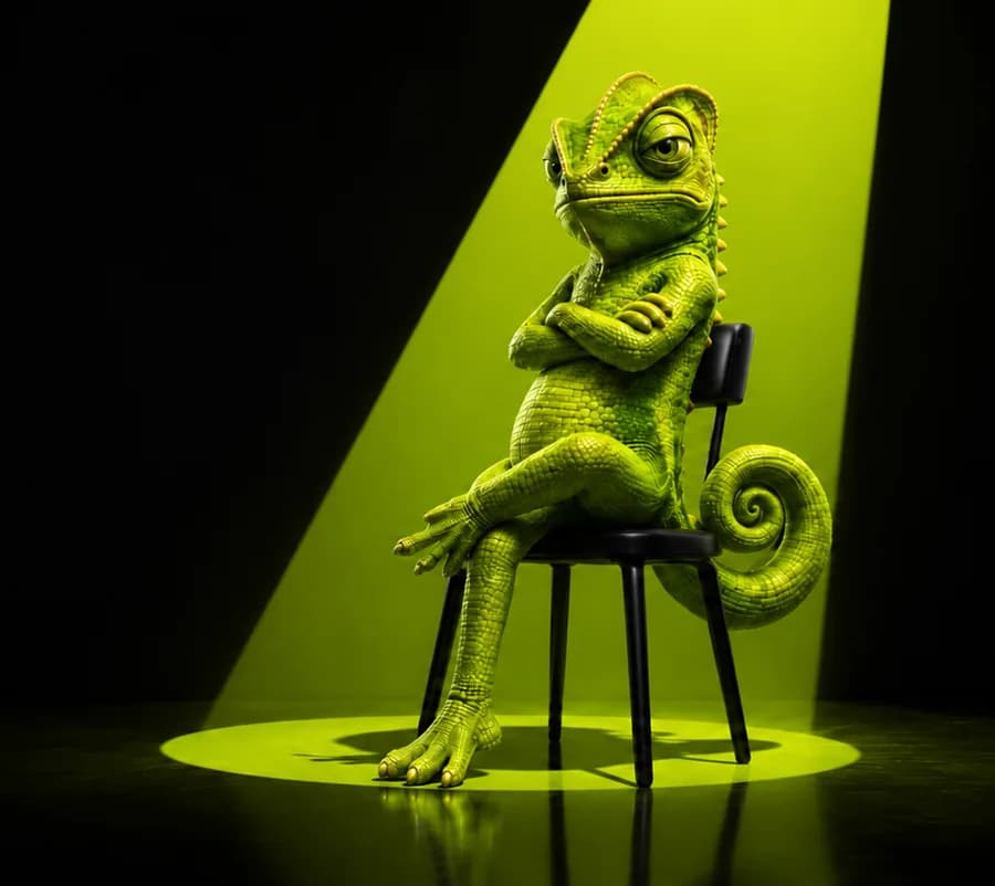 Le caméléon Code & Curves assis sur une chaise, sous un projecteur.