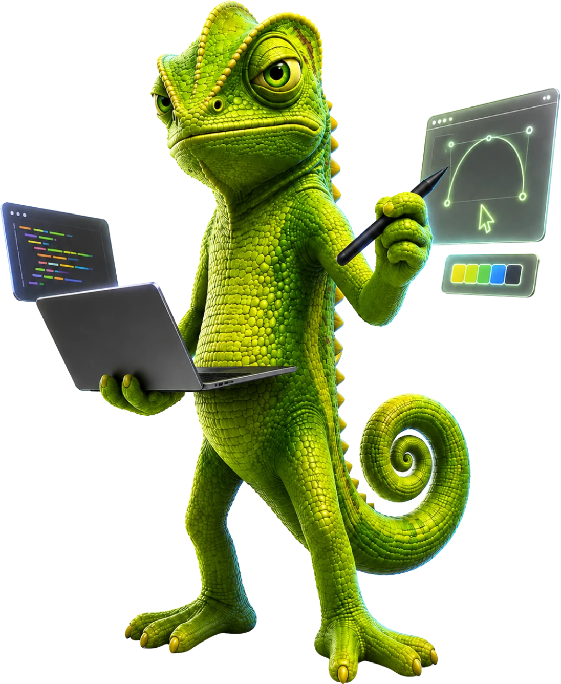 Mascotte Code & Curves — Caméléon vert 3D tenant un ordinateur portable affichant du code et un stylet devant une interface de design, symbolisant l'adaptabilité et les écosystèmes digitaux évolutifs